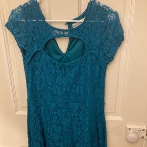 Teal Lace Mini Dress with Keyhole Neckline